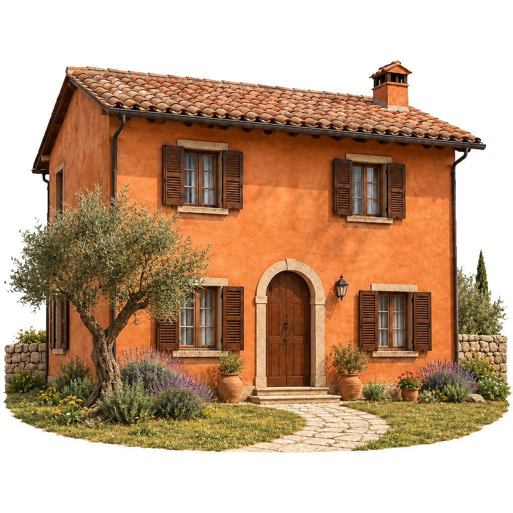 Casa in terracotta con giardino, ulivo, lavanda e vialetto in pietra